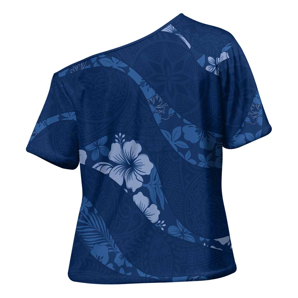 Aloha Hawaii Floral Tapa Cross Shoulder Shirt Patchwork Navy LT7 - Polynesian Pride