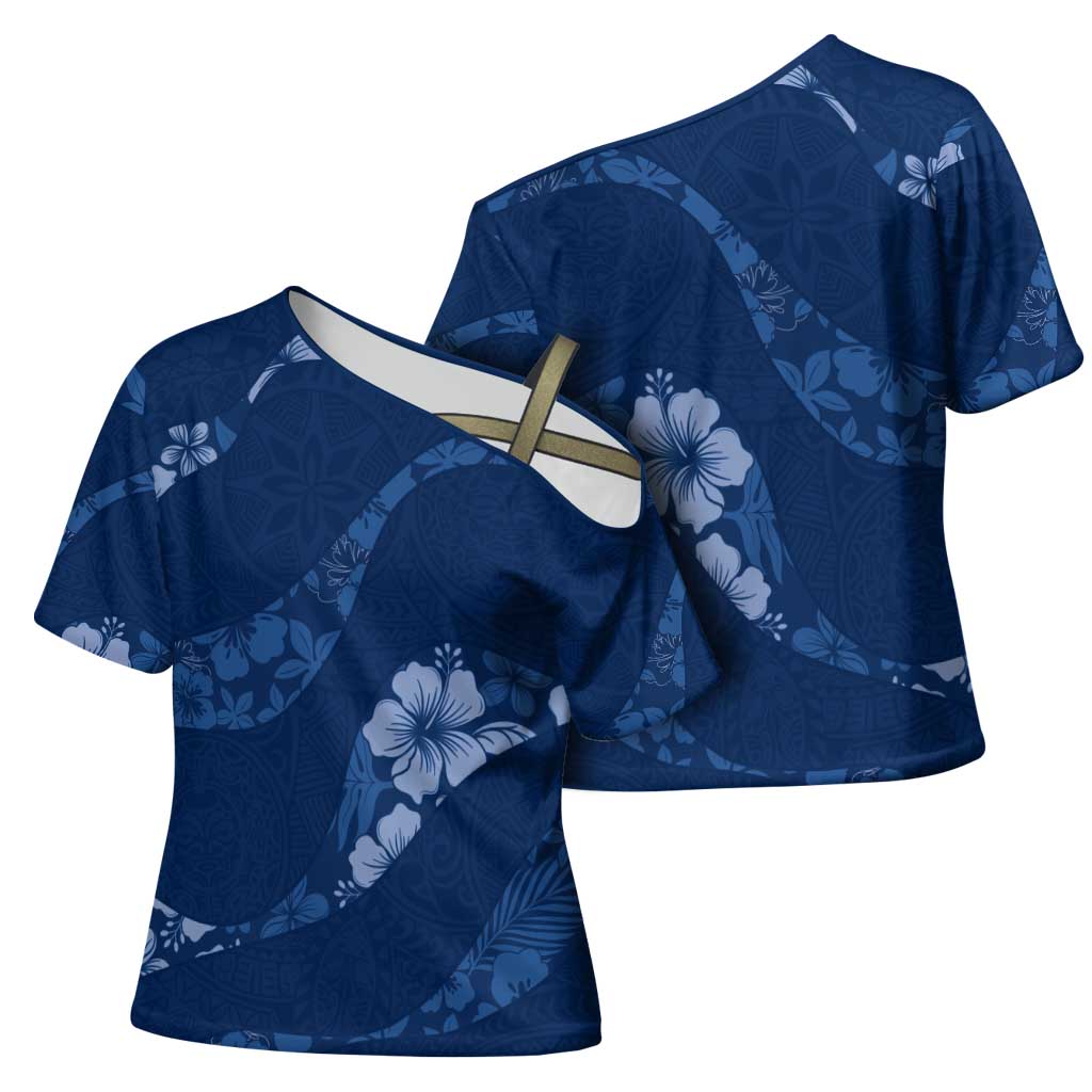 Aloha Hawaii Floral Tapa Cross Shoulder Shirt Patchwork Navy LT7 - Polynesian Pride