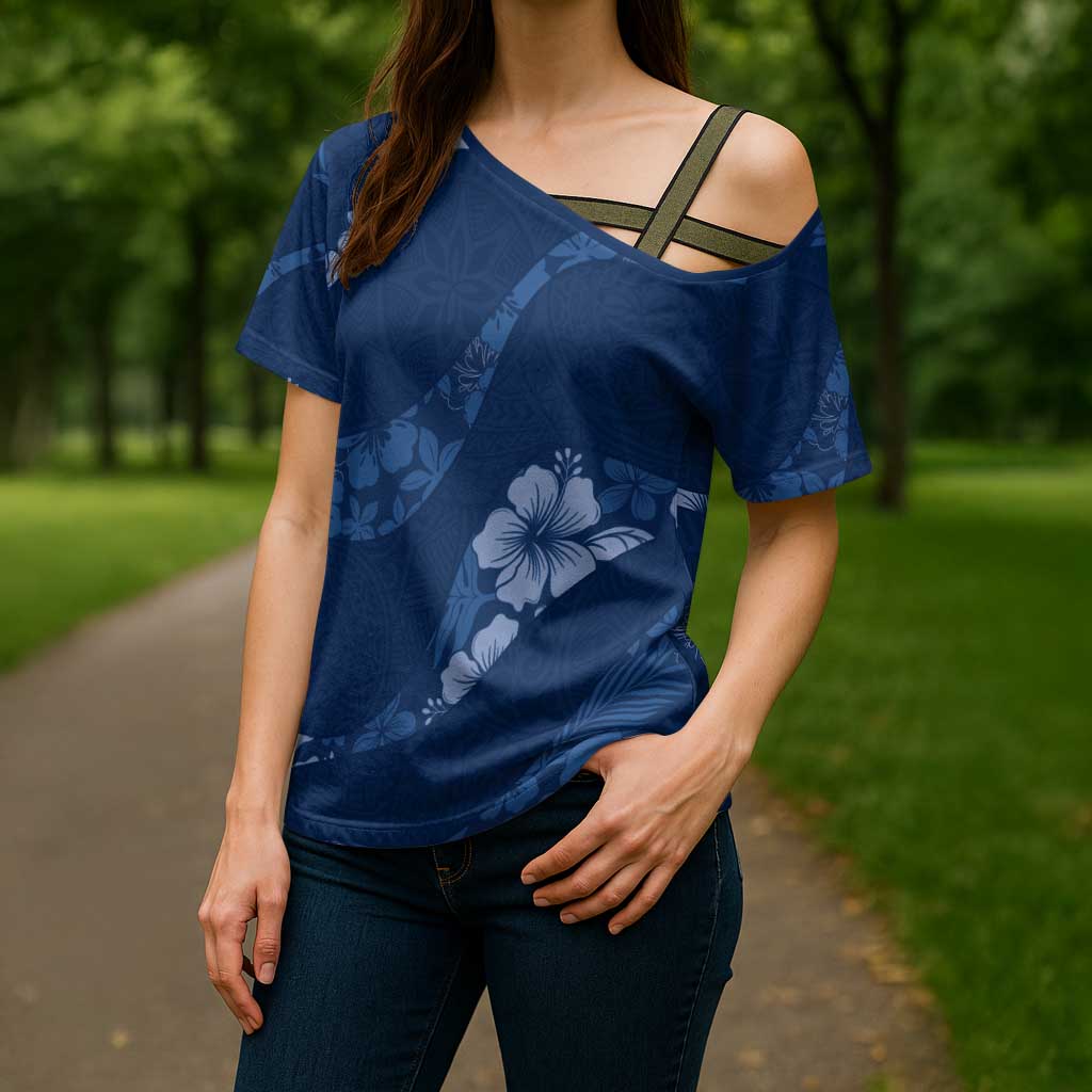 Aloha Hawaii Floral Tapa Cross Shoulder Shirt Patchwork Navy LT7 - Polynesian Pride