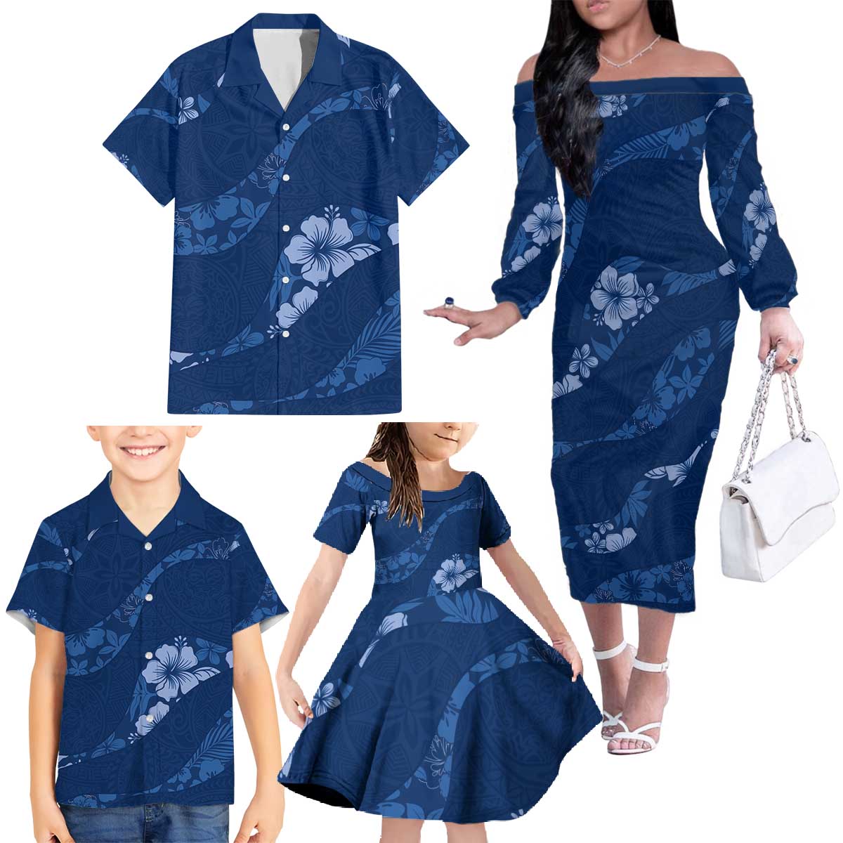 Aloha Hawaii Floral Tapa Family Matching Off The Shoulder Long Sleeve Dress and Hawaiian Shirt Patchwork Navy - Polynesian Pride