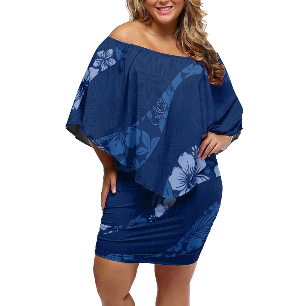 Aloha Hawaii Floral Tapa Family Matching Off Shoulder Short Dress and Hawaiian Shirt Patchwork Navy - Polynesian Pride