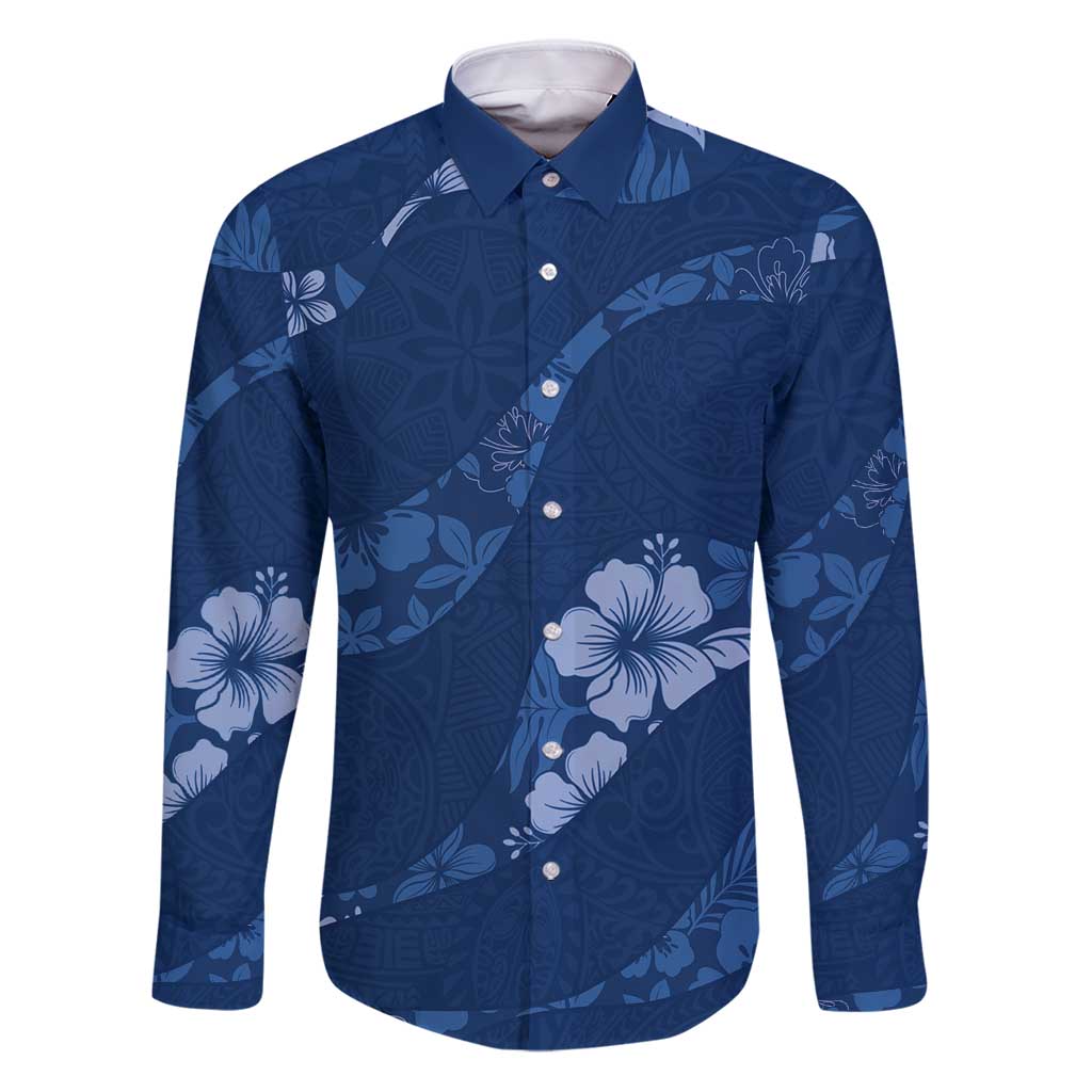 Aloha Hawaii Floral Tapa Family Matching Puletasi and Hawaiian Shirt Patchwork Navy LT7 Dad's Shirt - Long Sleeve Navy - Polynesian Pride