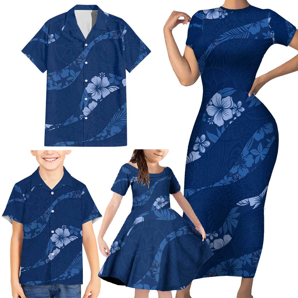 Aloha Hawaii Floral Tapa Family Matching Short Sleeve Bodycon Dress and Hawaiian Shirt Patchwork Navy - Polynesian Pride