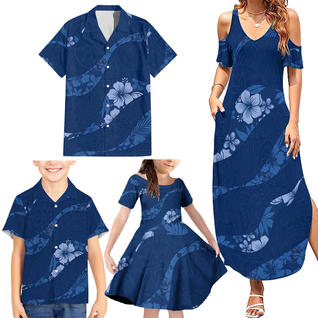 Aloha Hawaii Floral Tapa Family Matching Summer Maxi Dress and Hawaiian Shirt Patchwork Navy - Polynesian Pride