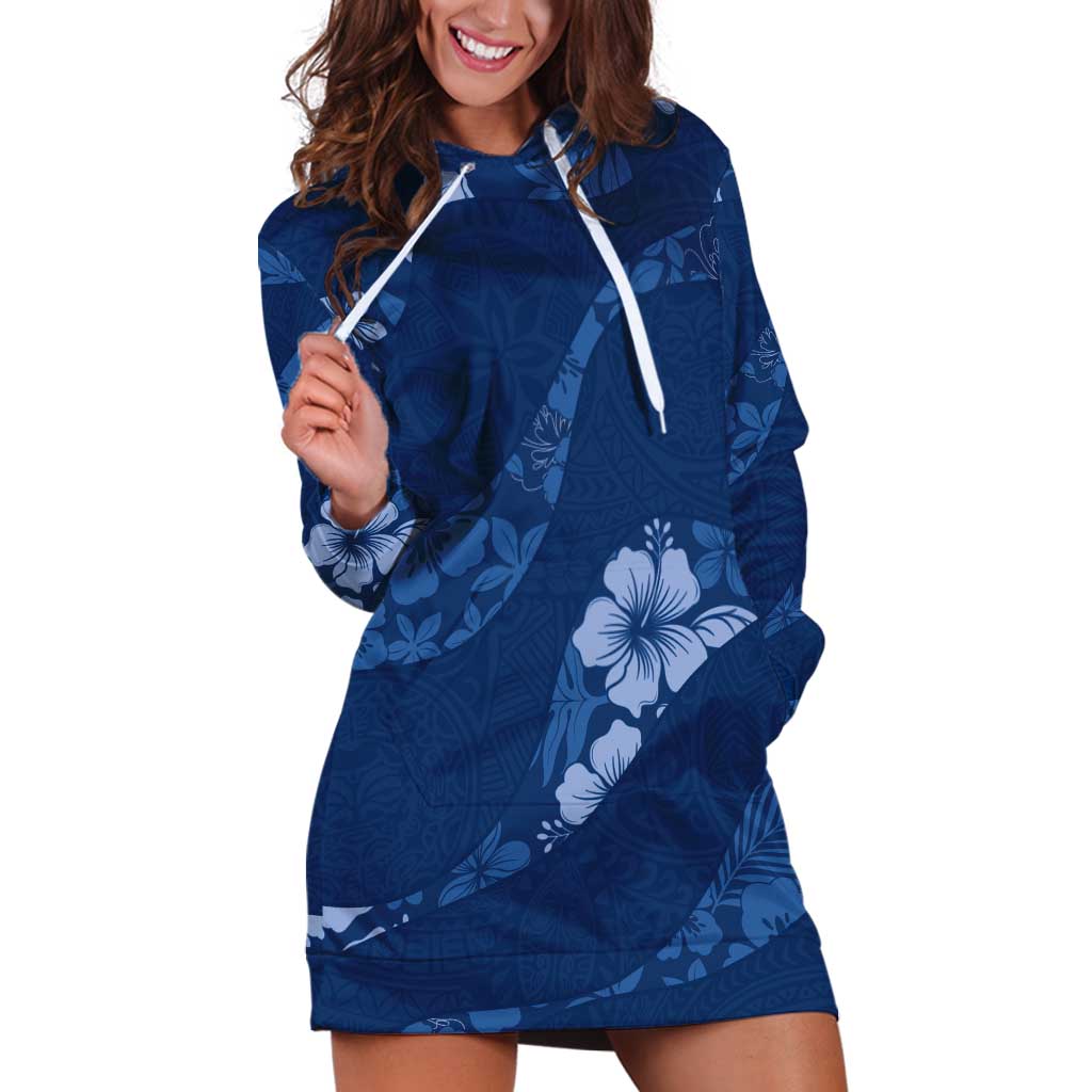 Aloha Hawaii Floral Tapa Hoodie Dress Patchwork Navy - Polynesian Pride