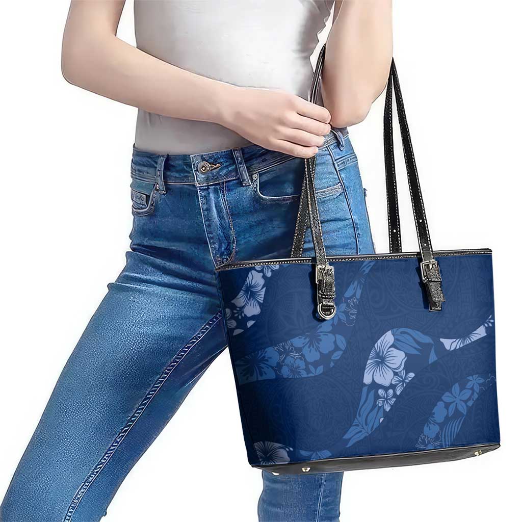 Aloha Hawaii Floral Tapa Leather Tote Bag Patchwork Navy - Polynesian Pride