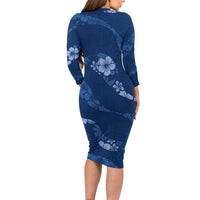 Aloha Hawaii Floral Tapa Long Sleeve Bodycon Dress Patchwork Navy - Polynesian Pride