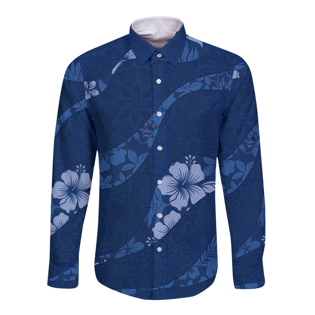 Aloha Hawaii Floral Tapa Long Sleeve Button Shirt Patchwork Navy LT7 Unisex Navy - Polynesian Pride