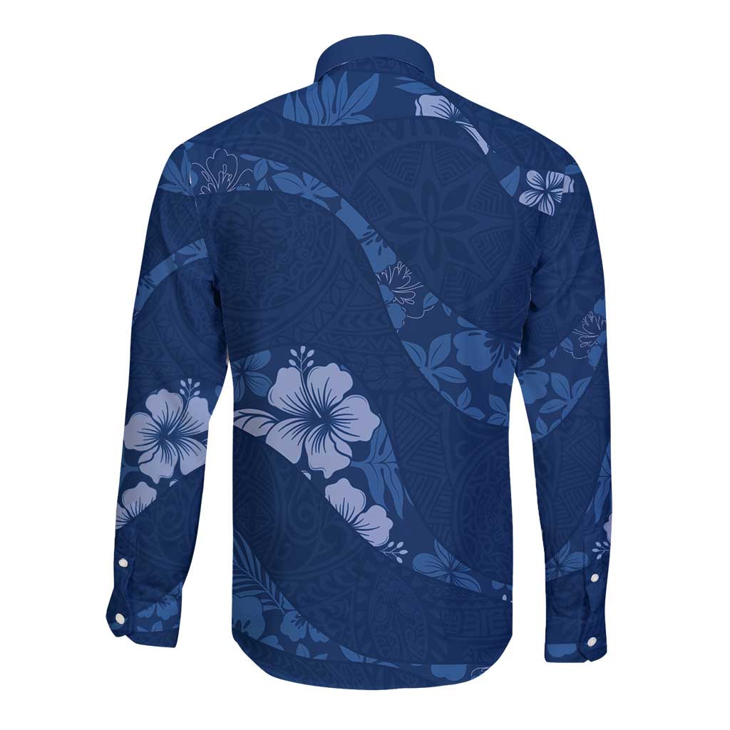 Aloha Hawaii Floral Tapa Long Sleeve Button Shirt Patchwork Navy LT7 - Polynesian Pride