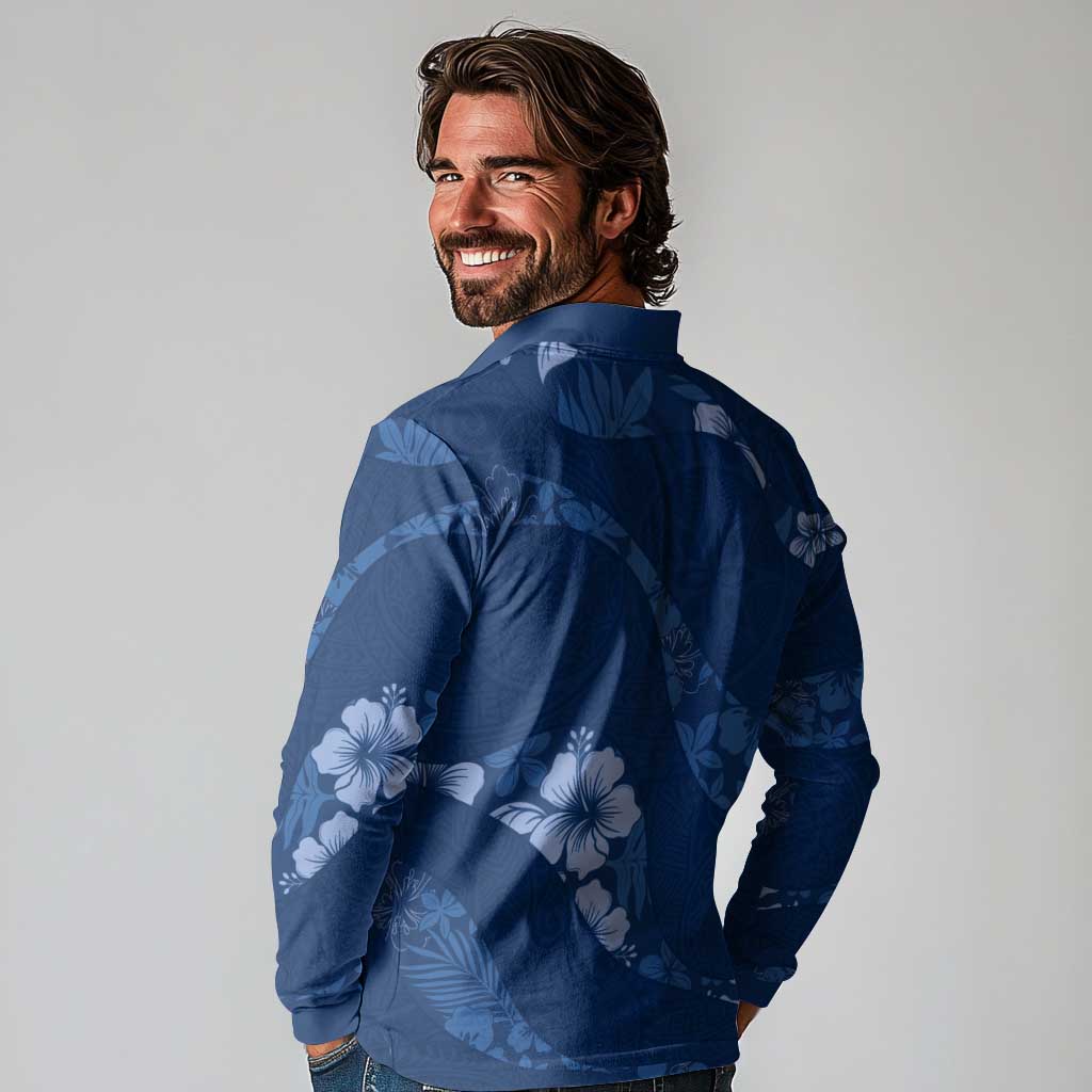 Aloha Hawaii Floral Tapa Long Sleeve Polo Shirt Patchwork Navy LT7 - Polynesian Pride