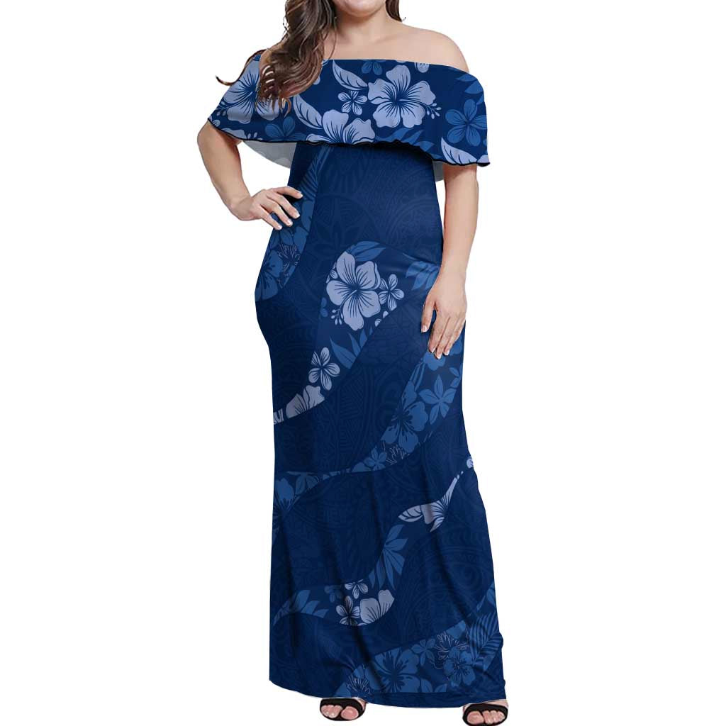 Aloha Hawaii Floral Tapa Off Shoulder Maxi Dress Patchwork Navy - Polynesian Pride