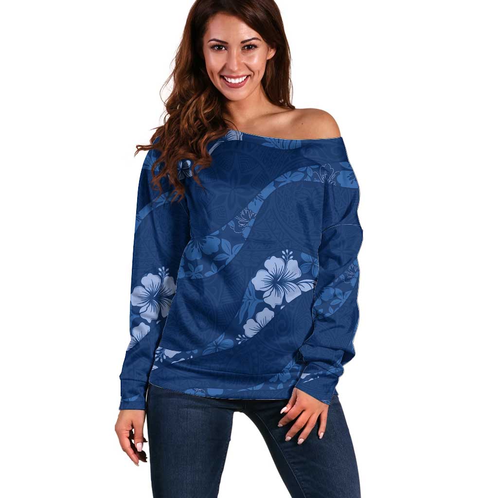 Aloha Hawaii Floral Tapa Off Shoulder Sweater Patchwork Navy - Polynesian Pride
