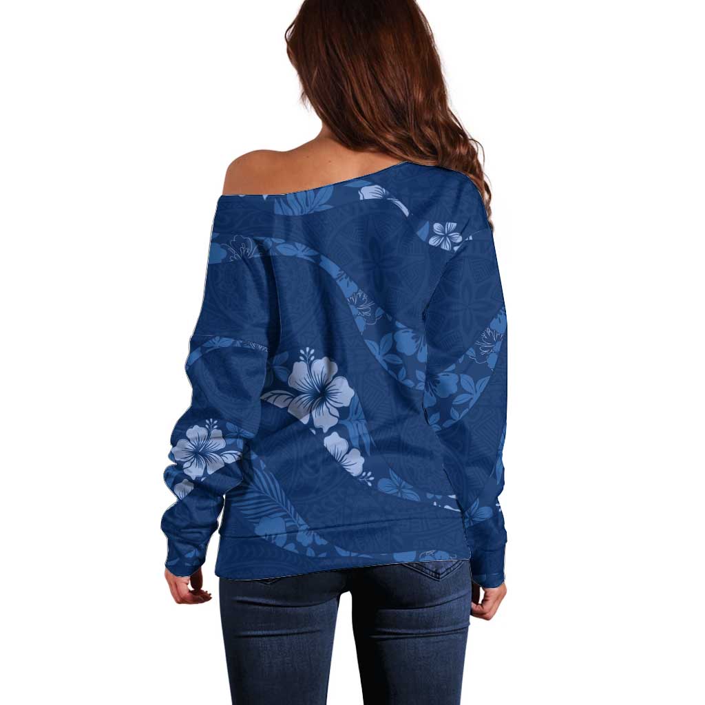 Aloha Hawaii Floral Tapa Off Shoulder Sweater Patchwork Navy - Polynesian Pride