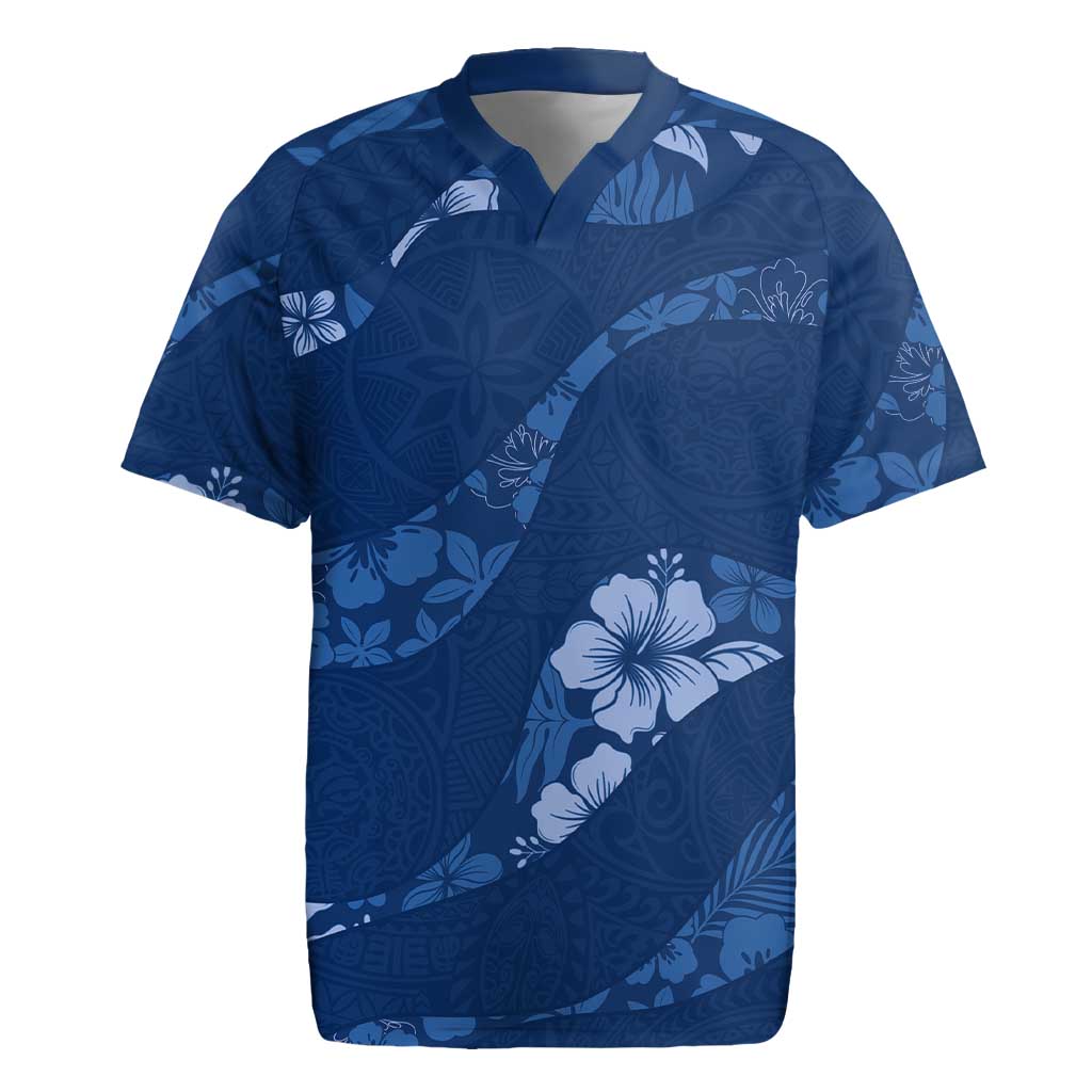 Aloha Hawaii Floral Tapa Rugby Jersey Patchwork Navy LT7 Navy - Polynesian Pride