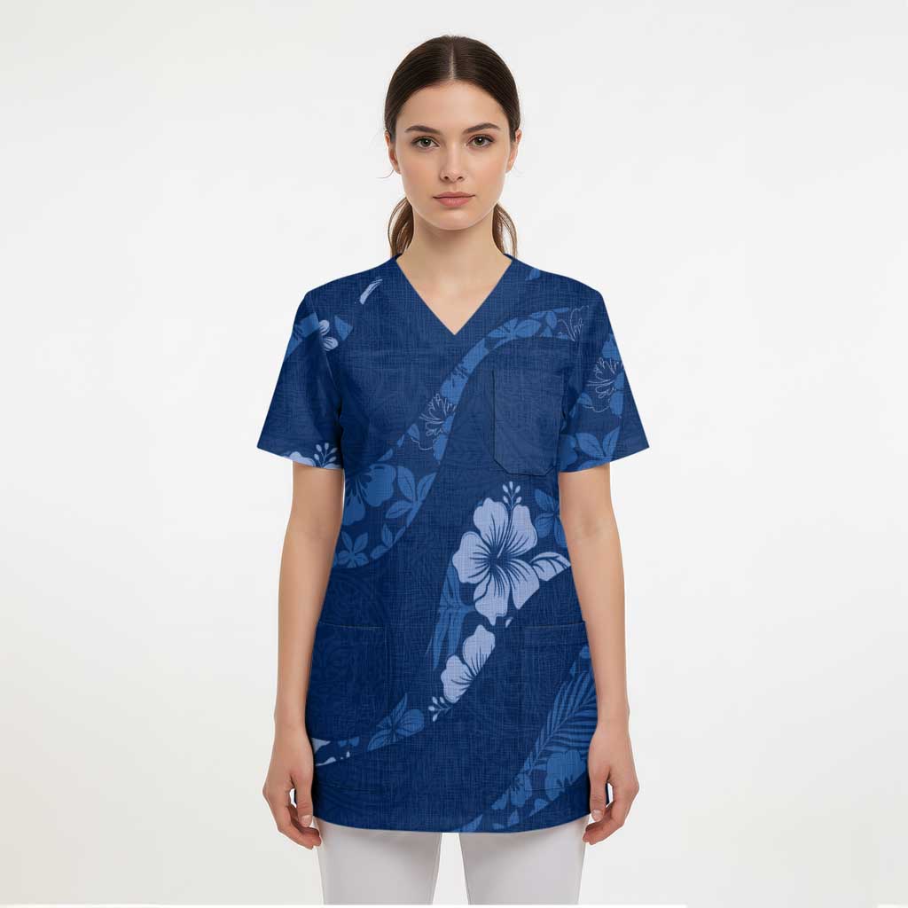 Aloha Hawaii Floral Tapa Scrub Top Patchwork Navy - Polynesian Pride