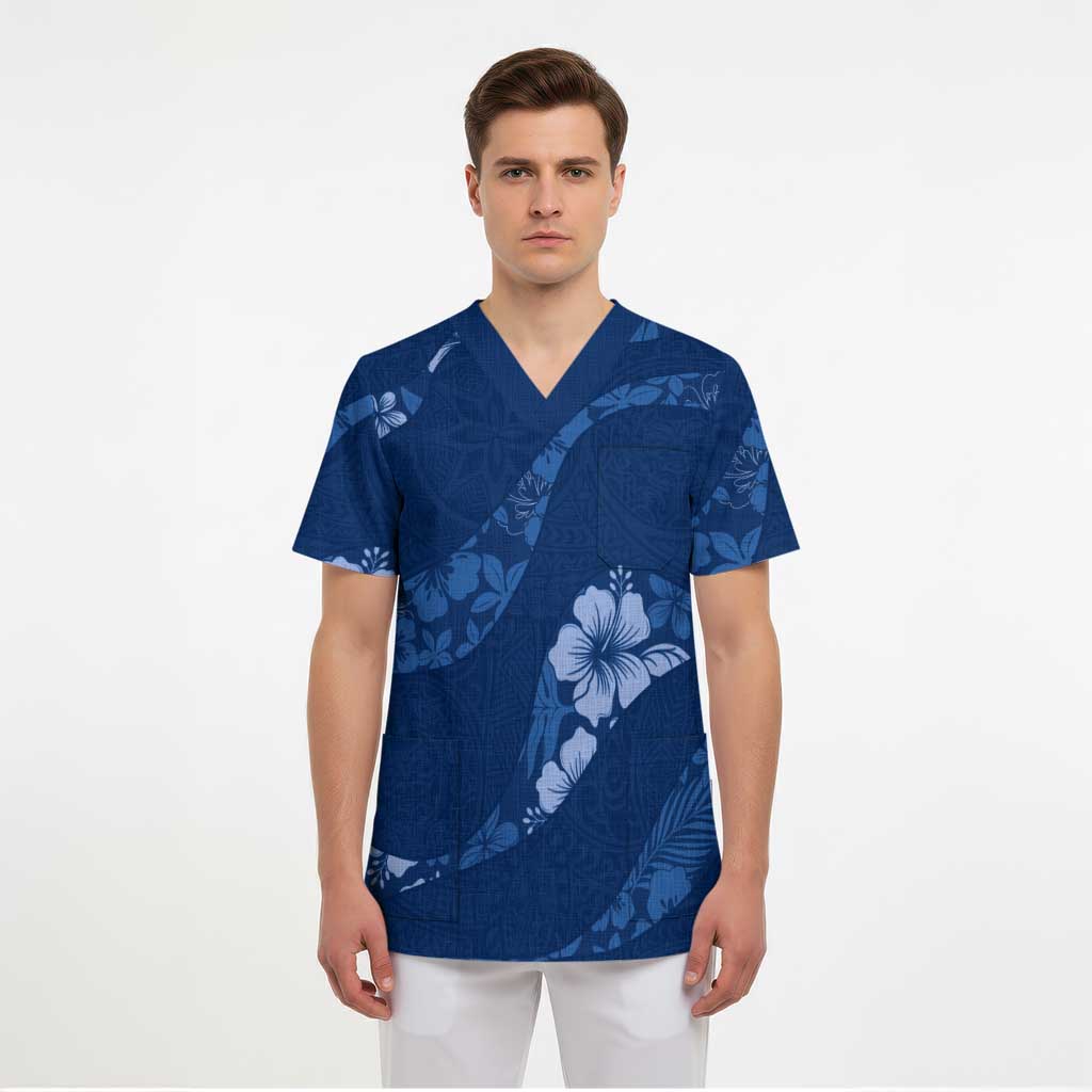 Aloha Hawaii Floral Tapa Scrub Top Patchwork Navy - Polynesian Pride