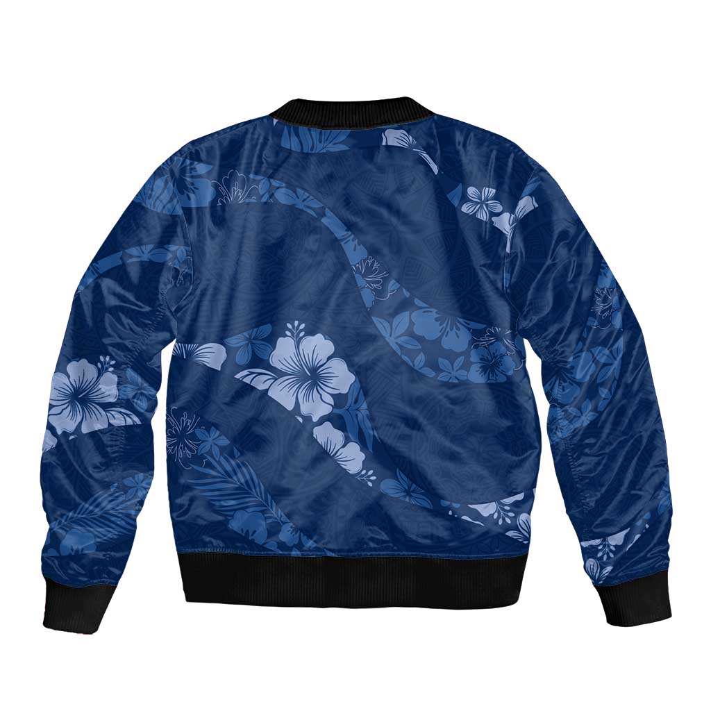 Aloha Hawaii Floral Tapa Sleeve Zip Bomber Jacket Patchwork Navy - Polynesian Pride