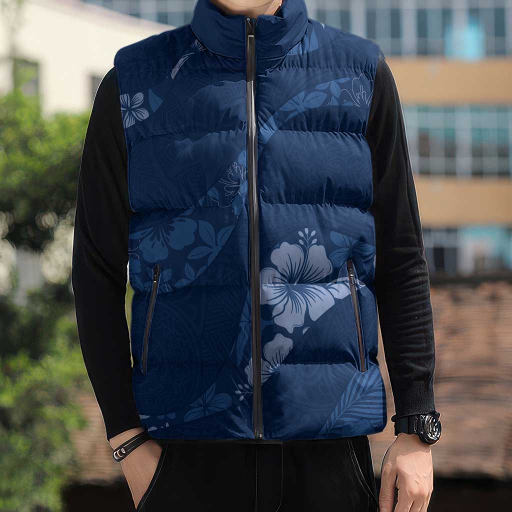 Aloha Hawaii Floral Tapa Sleeveless Puffer Jacket Patchwork Navy - Polynesian Pride