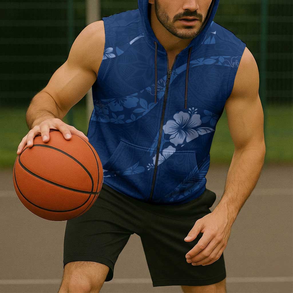 Aloha Hawaii Floral Tapa Sleeveless Zip Hoodie Patchwork Navy LT7 - Polynesian Pride