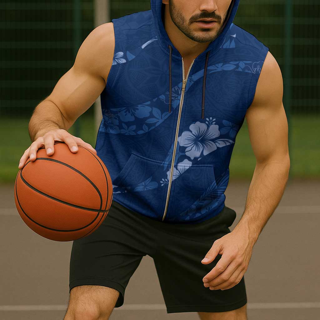 Aloha Hawaii Floral Tapa Sleeveless Zip Hoodie Patchwork Navy - Polynesian Pride
