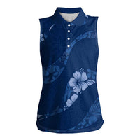 Aloha Hawaii Floral Tapa Women Sleeveless Polo Shirt Patchwork Navy LT7 Female Navy - Polynesian Pride