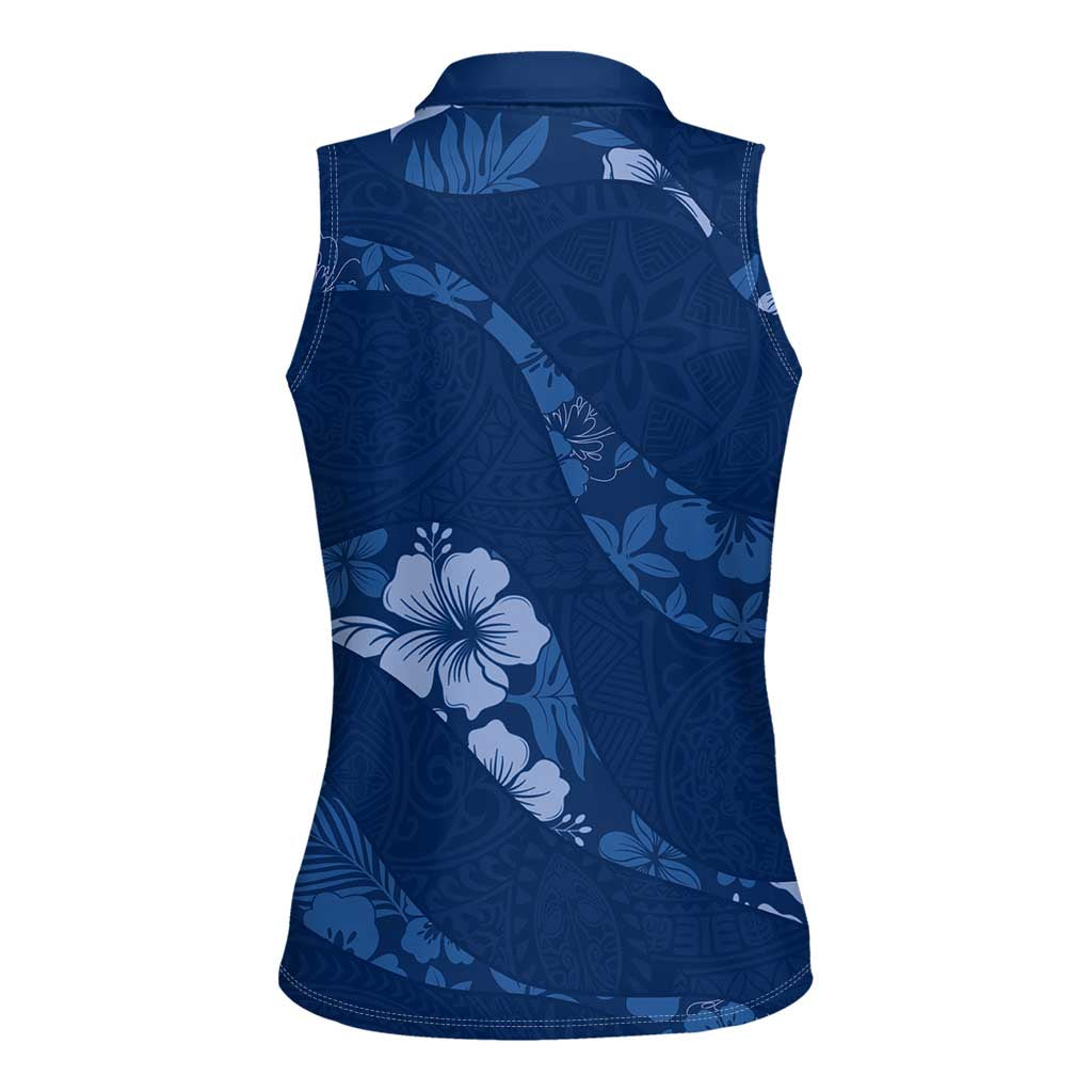 Aloha Hawaii Floral Tapa Women Sleeveless Polo Shirt Patchwork Navy LT7 - Polynesian Pride