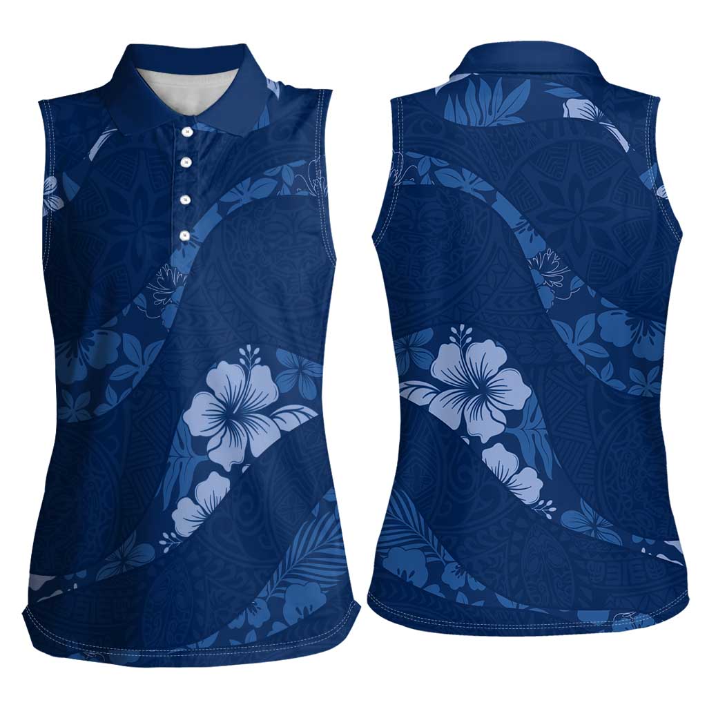 Aloha Hawaii Floral Tapa Women Sleeveless Polo Shirt Patchwork Navy LT7 - Polynesian Pride