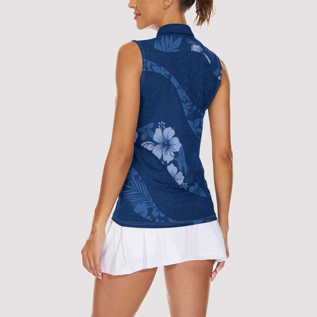 Aloha Hawaii Floral Tapa Women Sleeveless Polo Shirt Patchwork Navy LT7 - Polynesian Pride