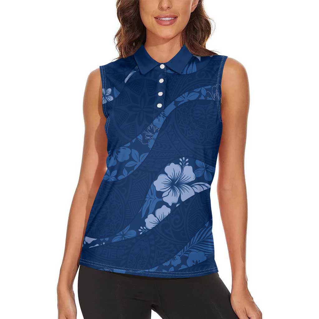 Aloha Hawaii Floral Tapa Women Sleeveless Polo Shirt Patchwork Navy LT7 - Polynesian Pride