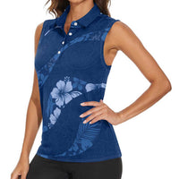 Aloha Hawaii Floral Tapa Women Sleeveless Polo Shirt Patchwork Navy LT7 - Polynesian Pride