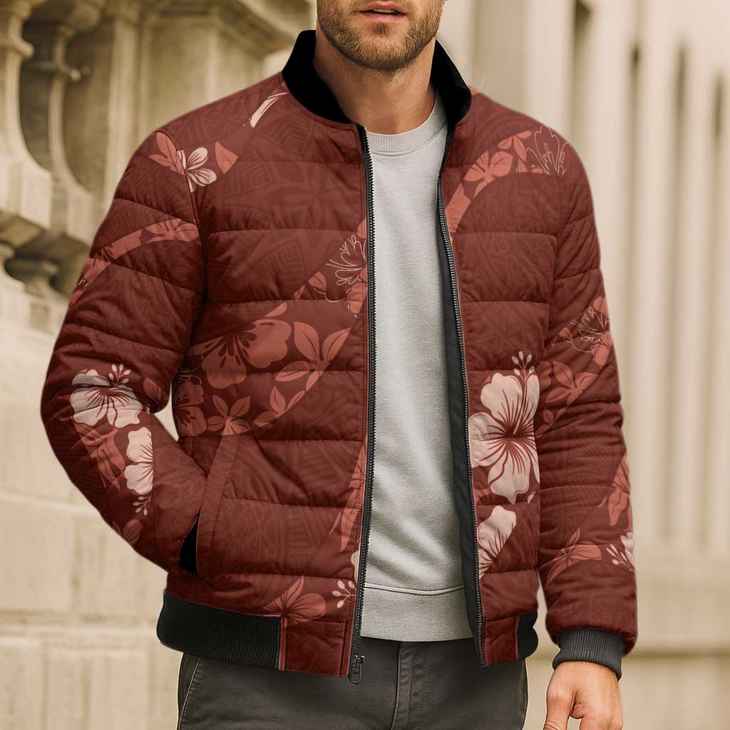 Aloha Hawaii Floral Tapa Bomber Puffer Jacket Patchwork Crimson LT7 - Polynesian Pride