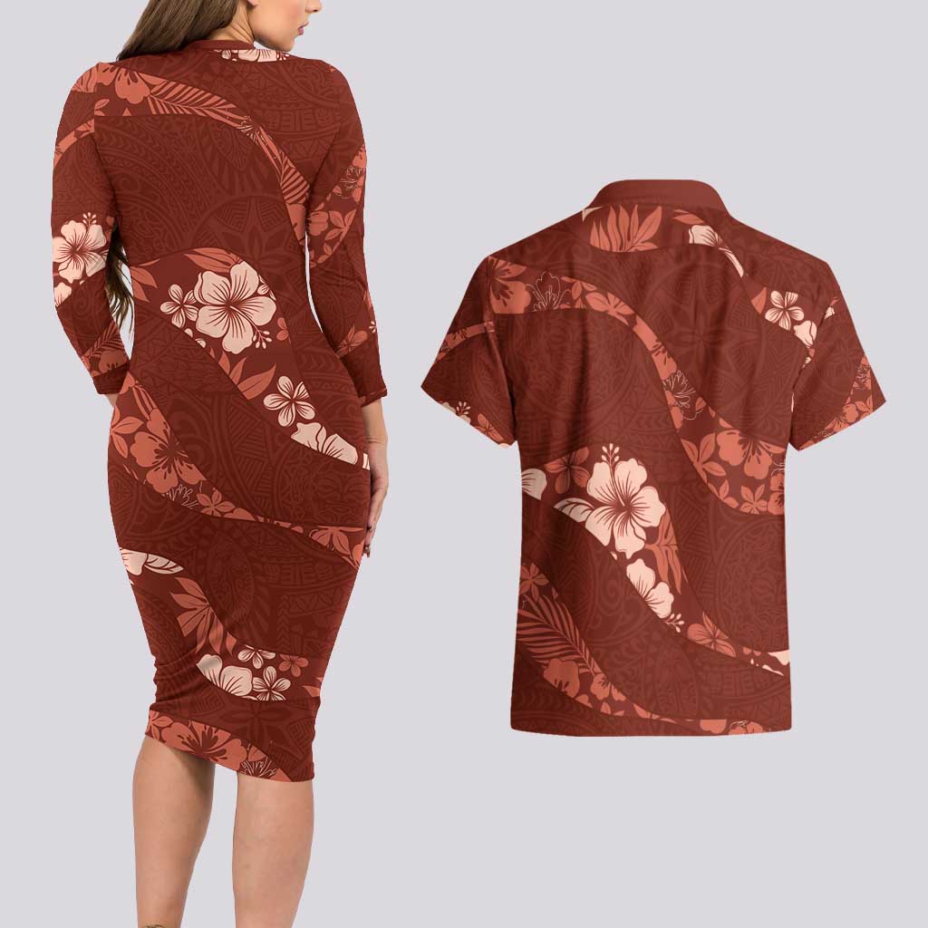 Aloha Hawaii Floral Tapa Couples Matching Long Sleeve Bodycon Dress and Hawaiian Shirt Patchwork Crimson - Polynesian Pride