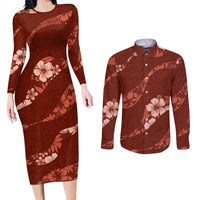 Aloha Hawaii Floral Tapa Couples Matching Long Sleeve Bodycon Dress and Long Sleeve Button Shirt Patchwork Crimson - Polynesian Pride