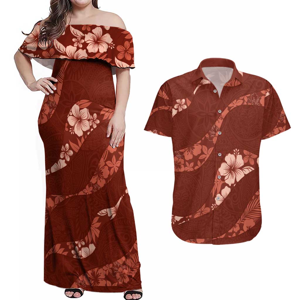 Aloha Hawaii Floral Tapa Couples Matching Off Shoulder Maxi Dress and Hawaiian Shirt Patchwork Crimson - Polynesian Pride