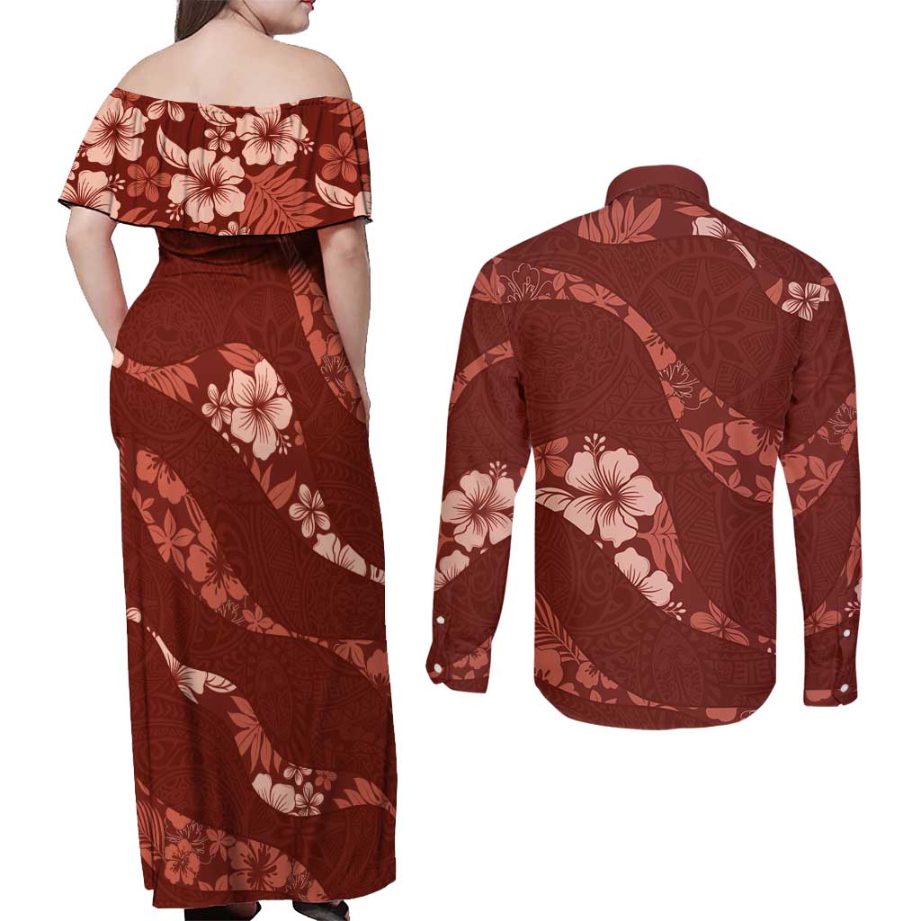 Aloha Hawaii Floral Tapa Couples Matching Off Shoulder Maxi Dress and Long Sleeve Button Shirt Patchwork Crimson - Polynesian Pride
