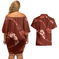 Aloha Hawaii Floral Tapa Couples Matching Off Shoulder Short Dress and Hawaiian Shirt Patchwork Crimson - Polynesian Pride