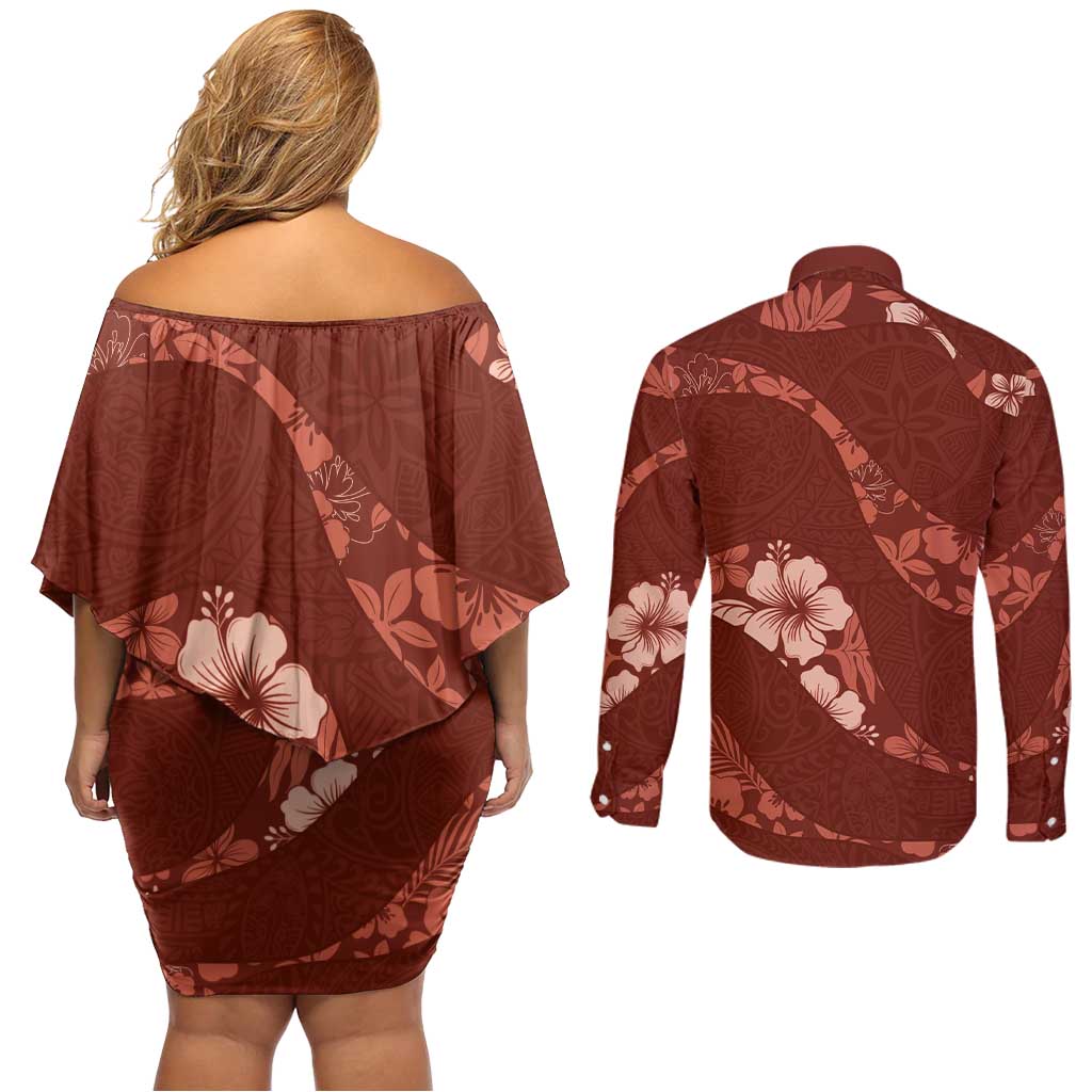 Aloha Hawaii Floral Tapa Couples Matching Off Shoulder Short Dress and Long Sleeve Button Shirt Patchwork Crimson - Polynesian Pride