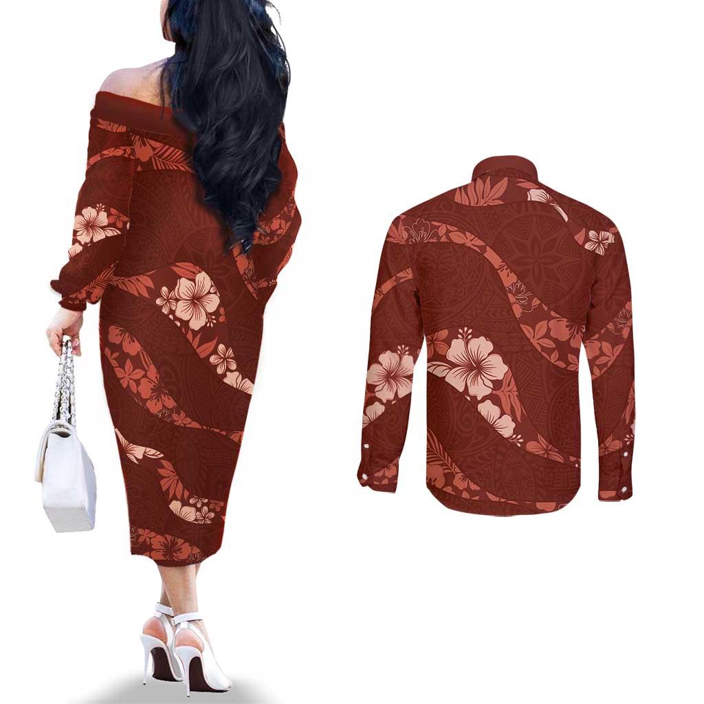 Aloha Hawaii Floral Tapa Couples Matching Off The Shoulder Long Sleeve Dress and Long Sleeve Button Shirt Patchwork Crimson - Polynesian Pride