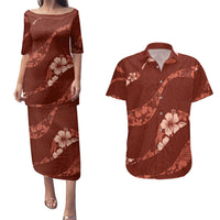 Aloha Hawaii Floral Tapa Couples Matching Puletasi and Hawaiian Shirt Patchwork Crimson LT7 Crimson - Polynesian Pride