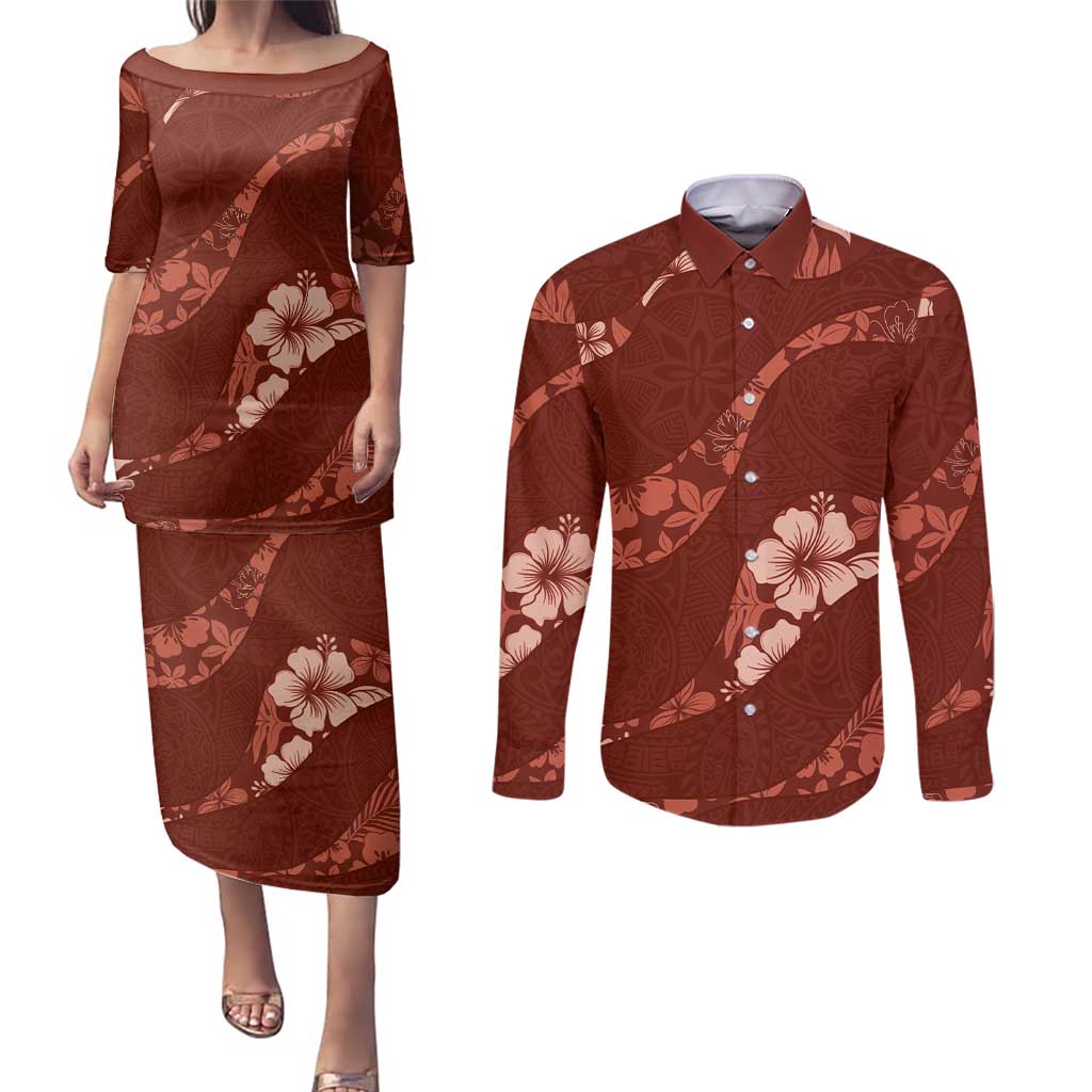 Aloha Hawaii Floral Tapa Couples Matching Puletasi and Long Sleeve Button Shirt Patchwork Crimson LT7 Crimson - Polynesian Pride