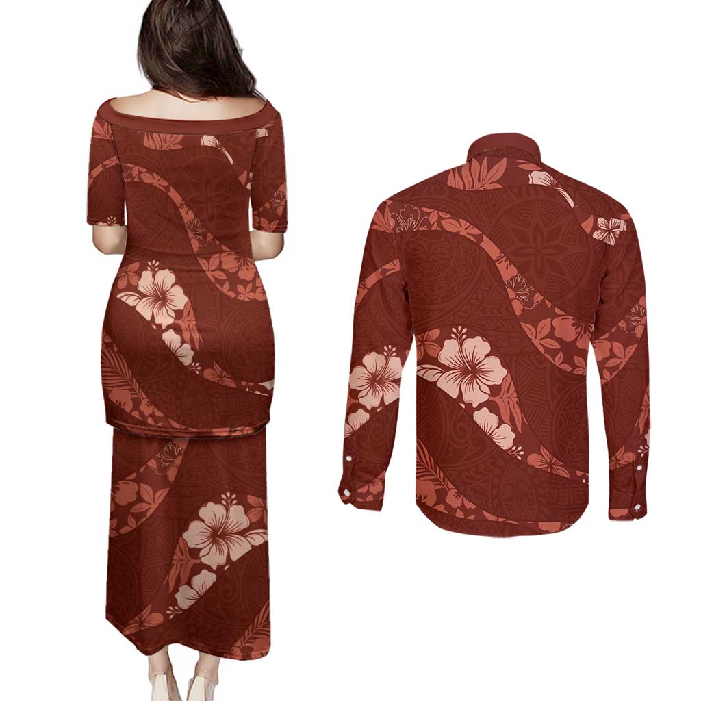 Aloha Hawaii Floral Tapa Couples Matching Puletasi and Long Sleeve Button Shirt Patchwork Crimson - Polynesian Pride