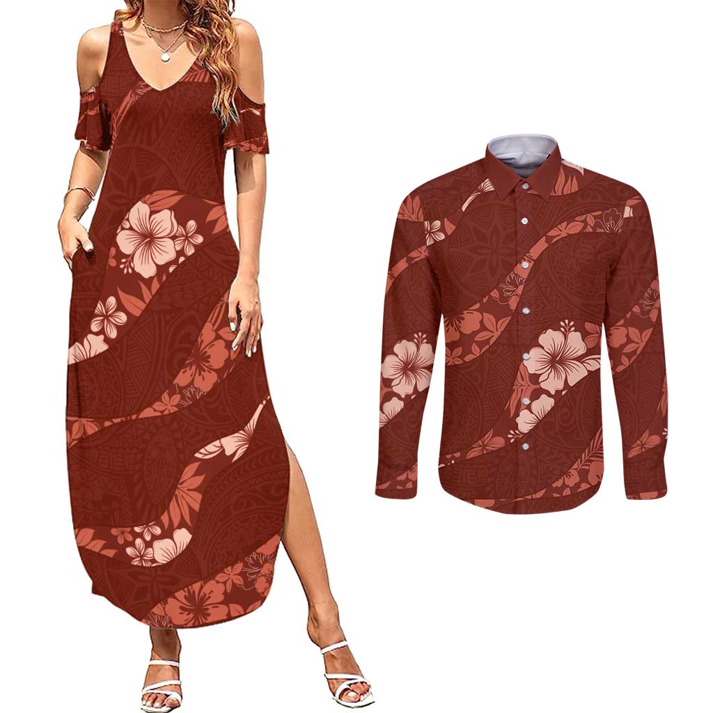 Aloha Hawaii Floral Tapa Couples Matching Summer Maxi Dress and Long Sleeve Button Shirt Patchwork Crimson - Polynesian Pride