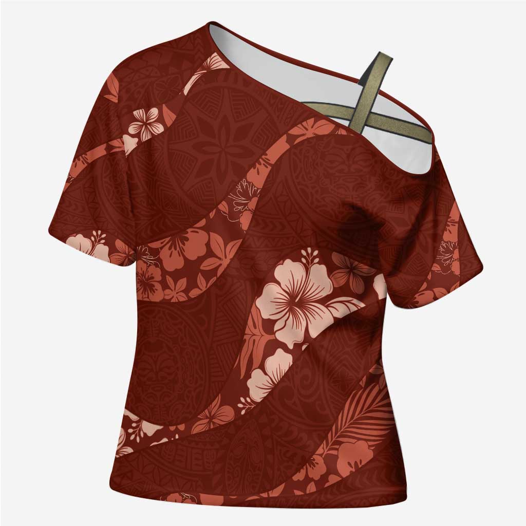 Aloha Hawaii Floral Tapa Cross Shoulder Shirt Patchwork Crimson - Polynesian Pride