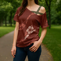 Aloha Hawaii Floral Tapa Cross Shoulder Shirt Patchwork Crimson LT7 - Polynesian Pride