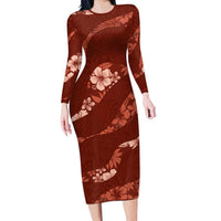 Aloha Hawaii Floral Tapa Family Matching Long Sleeve Bodycon Dress and Hawaiian Shirt Patchwork Crimson - Polynesian Pride