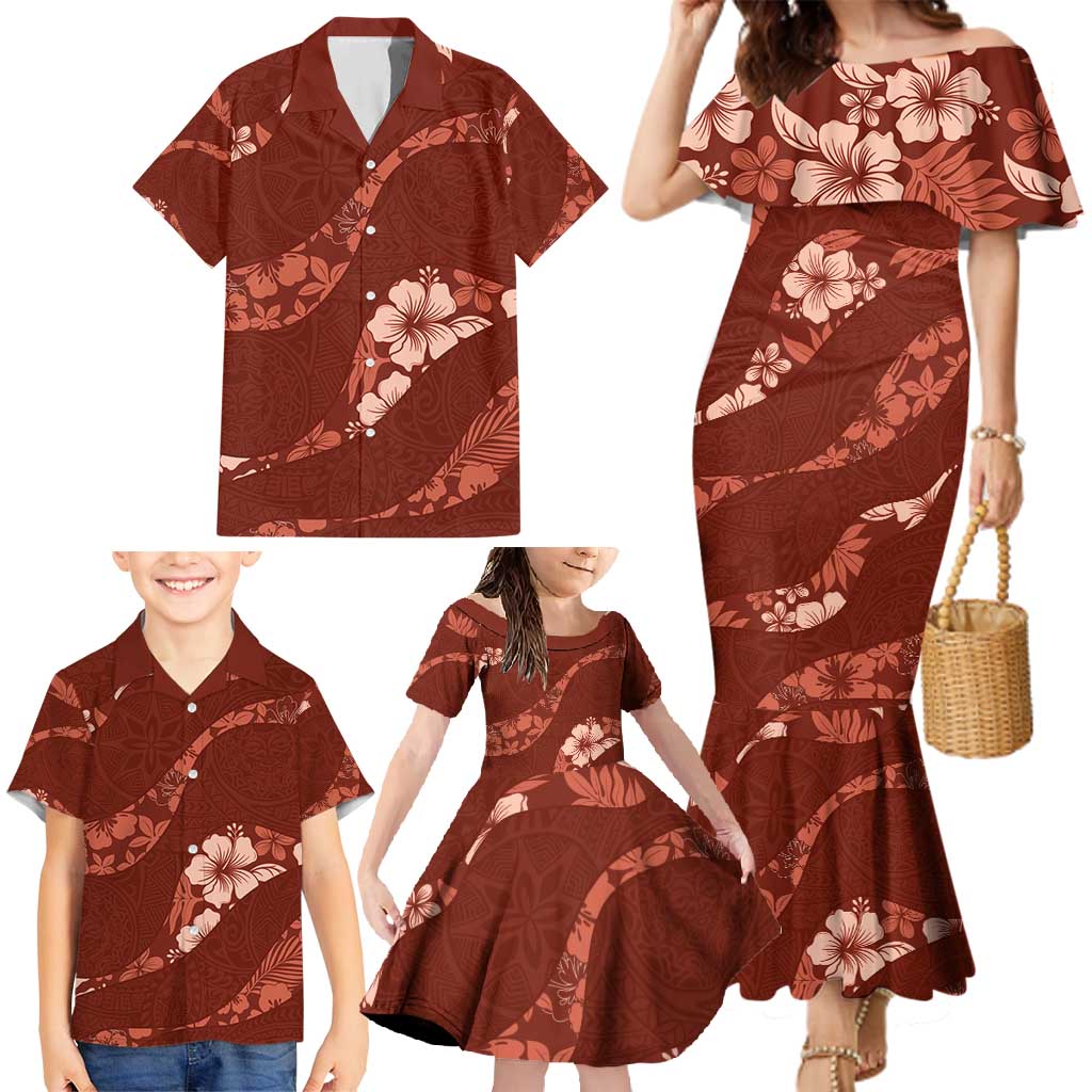 Aloha Hawaii Floral Tapa Family Matching Mermaid Dress and Hawaiian Shirt Patchwork Crimson - Polynesian Pride