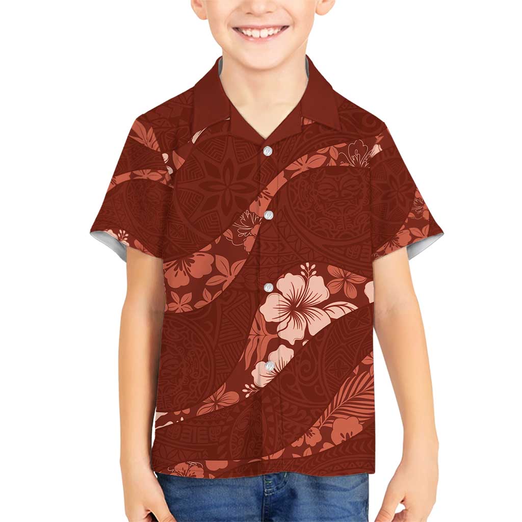 Aloha Hawaii Floral Tapa Family Matching Off Shoulder Maxi Dress and Hawaiian Shirt Patchwork Crimson - Polynesian Pride