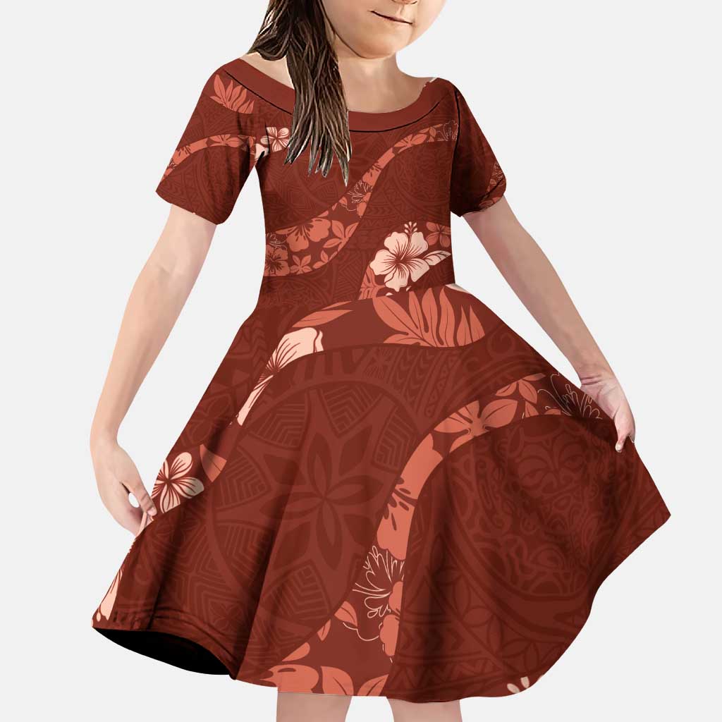 Aloha Hawaii Floral Tapa Family Matching Puletasi and Hawaiian Shirt Patchwork Crimson LT7 Daughter's Dress Crimson - Polynesian Pride