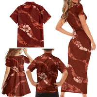 Aloha Hawaii Floral Tapa Family Matching Short Sleeve Bodycon Dress and Hawaiian Shirt Patchwork Crimson - Polynesian Pride