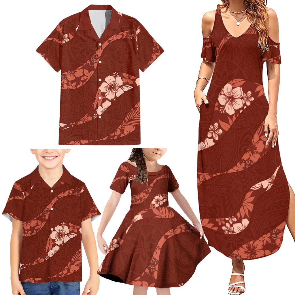 Aloha Hawaii Floral Tapa Family Matching Summer Maxi Dress and Hawaiian Shirt Patchwork Crimson - Polynesian Pride